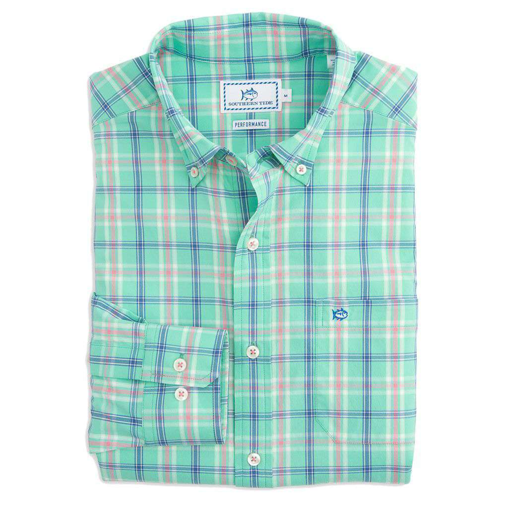 Barrier Key Plaid Intercoastal Performance Shirt in Offshore Green by Southern Tide - Country Club Prep