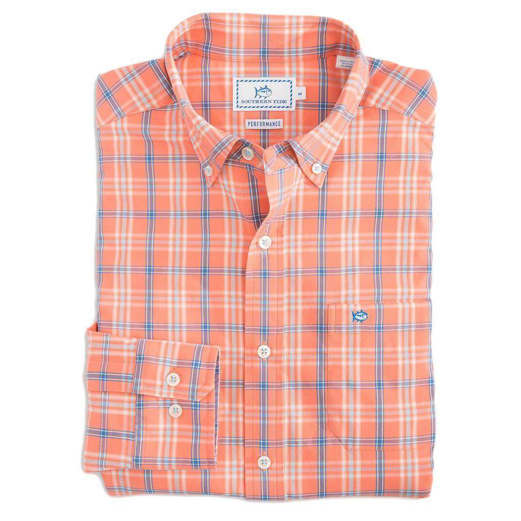 Barrier Key Plaid Intercoastal Performance Shirt in Peach Fizz by Southern Tide - Country Club Prep