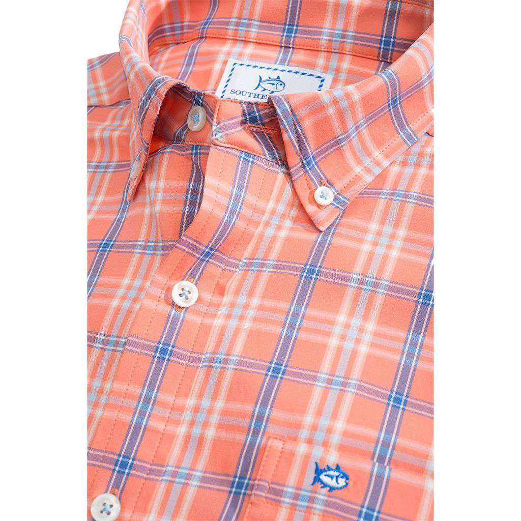 Barrier Key Plaid Intercoastal Performance Shirt in Peach Fizz by Southern Tide - Country Club Prep