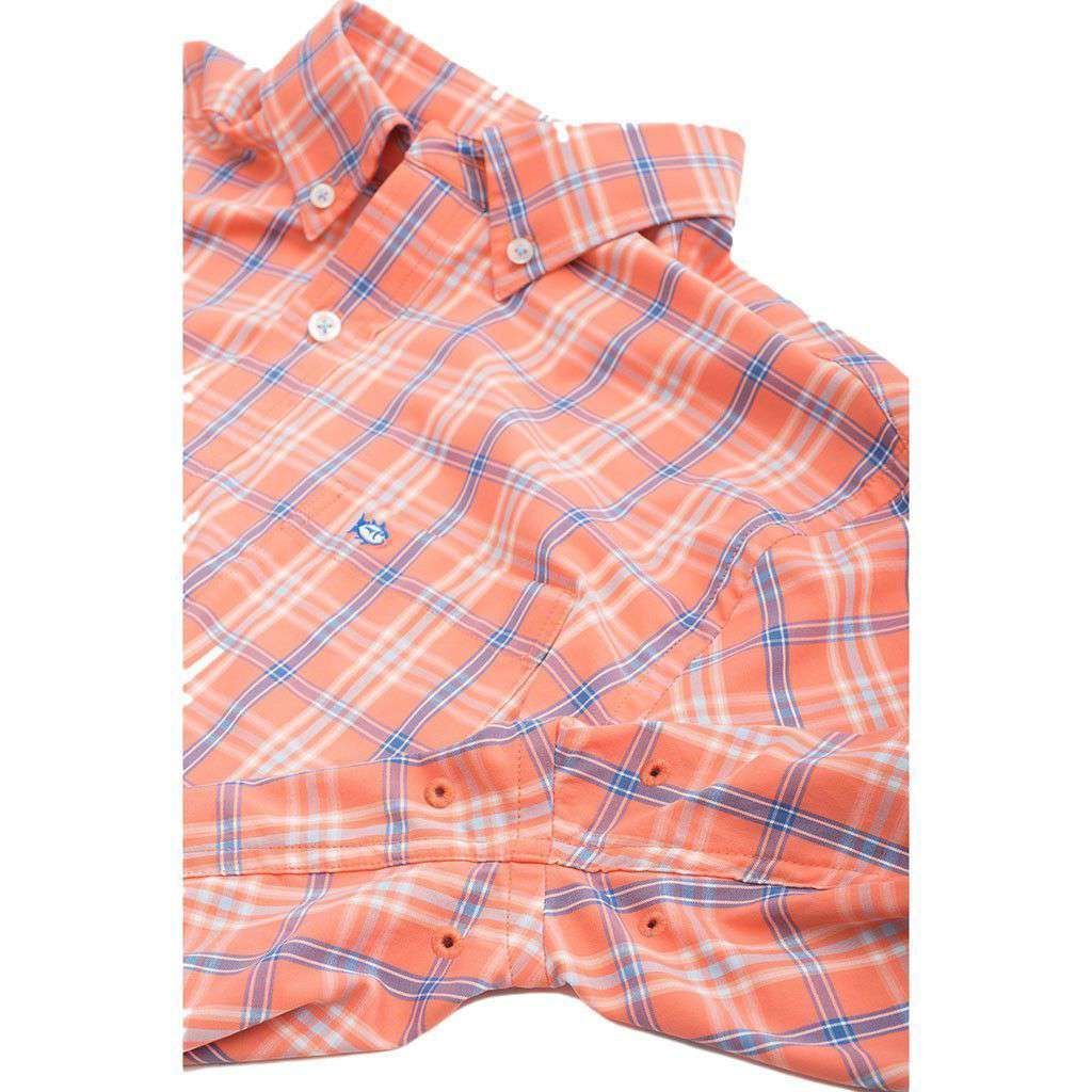 Barrier Key Plaid Intercoastal Performance Shirt in Peach Fizz by Southern Tide - Country Club Prep