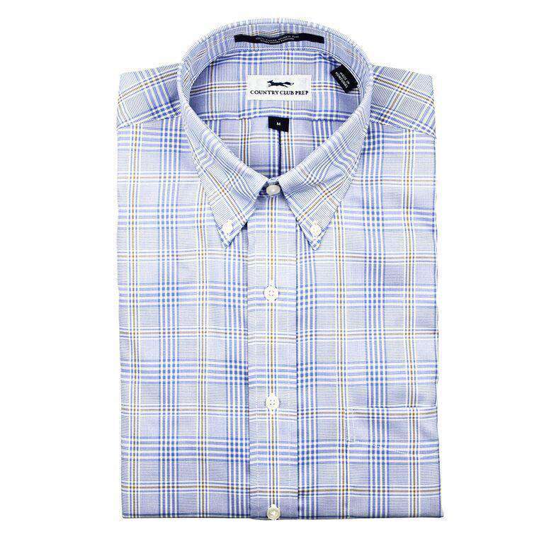 Button Down in Blue with Gold Window Pane Check by Country Club Prep - Country Club Prep