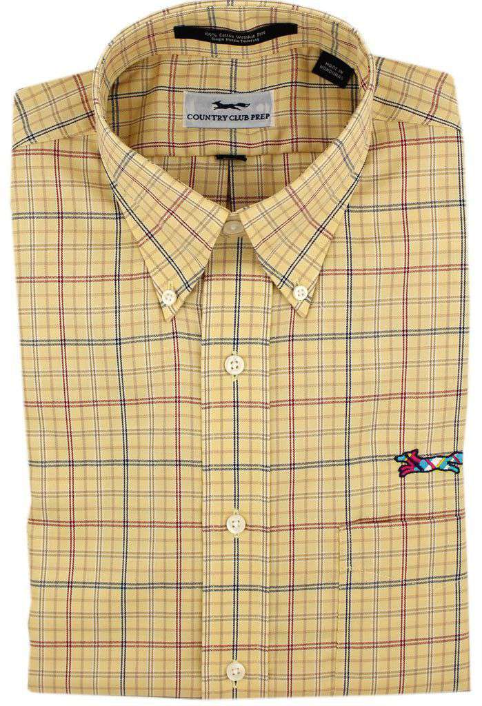 Button Down in Maize with Multi Windowpane Check by Country Club Prep - Country Club Prep