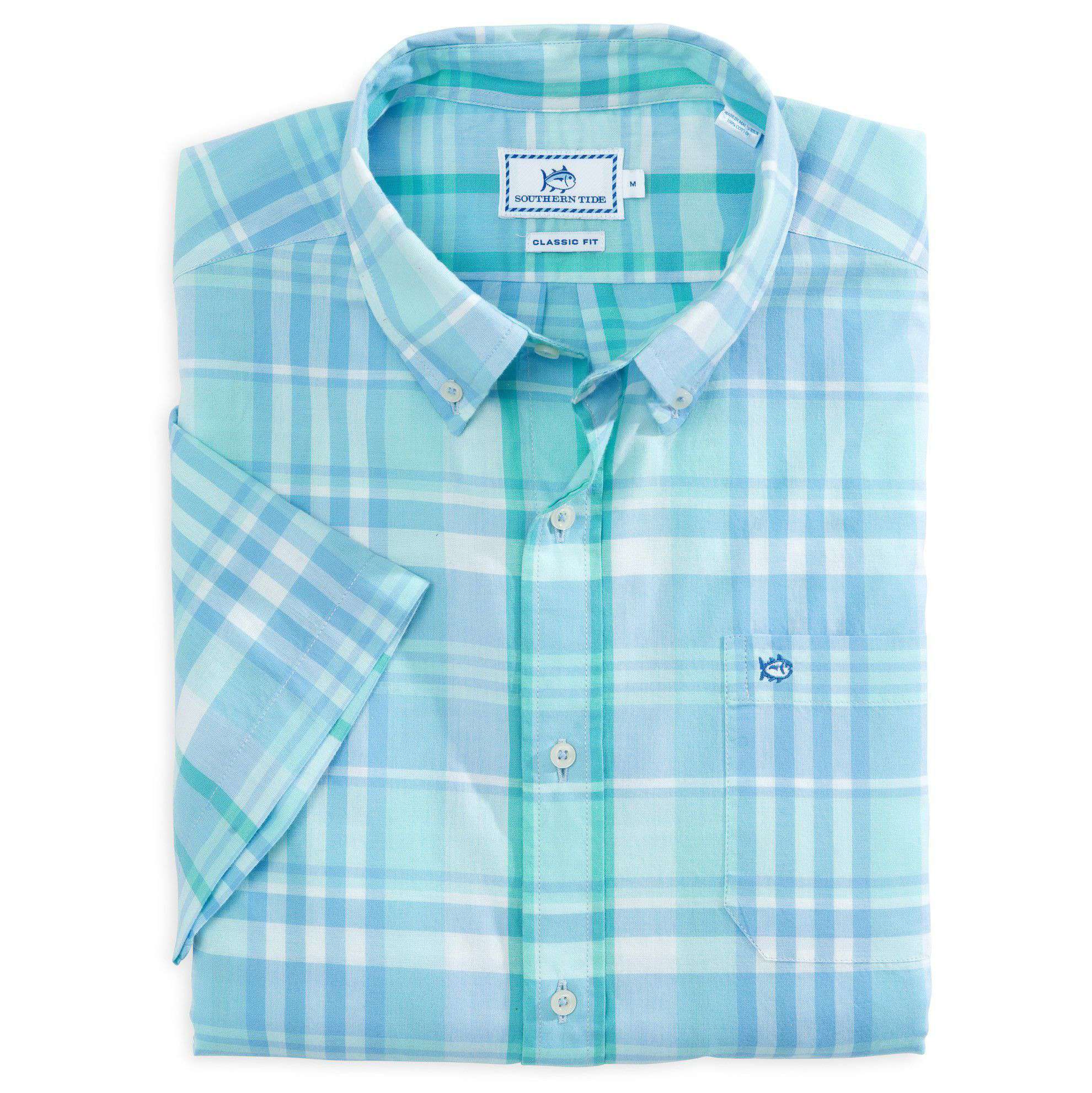Classic Short Sleeve Seagrass Plaid Sport Shirt in Aqua Blue by Southern Tide - Country Club Prep
