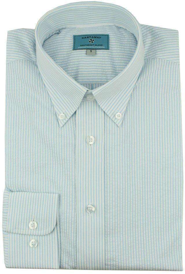 Classic Straight Wharf Shirt Blue Seersucker by Castaway Clothing - Country Club Prep