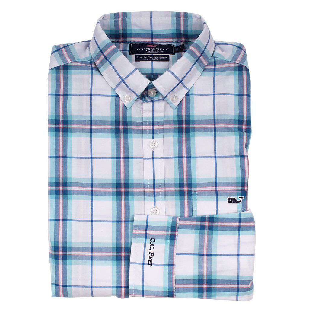 Custom Picket Plaid Slim Tucker Shirt in Aqua Ocean by Vineyard Vines - Country Club Prep