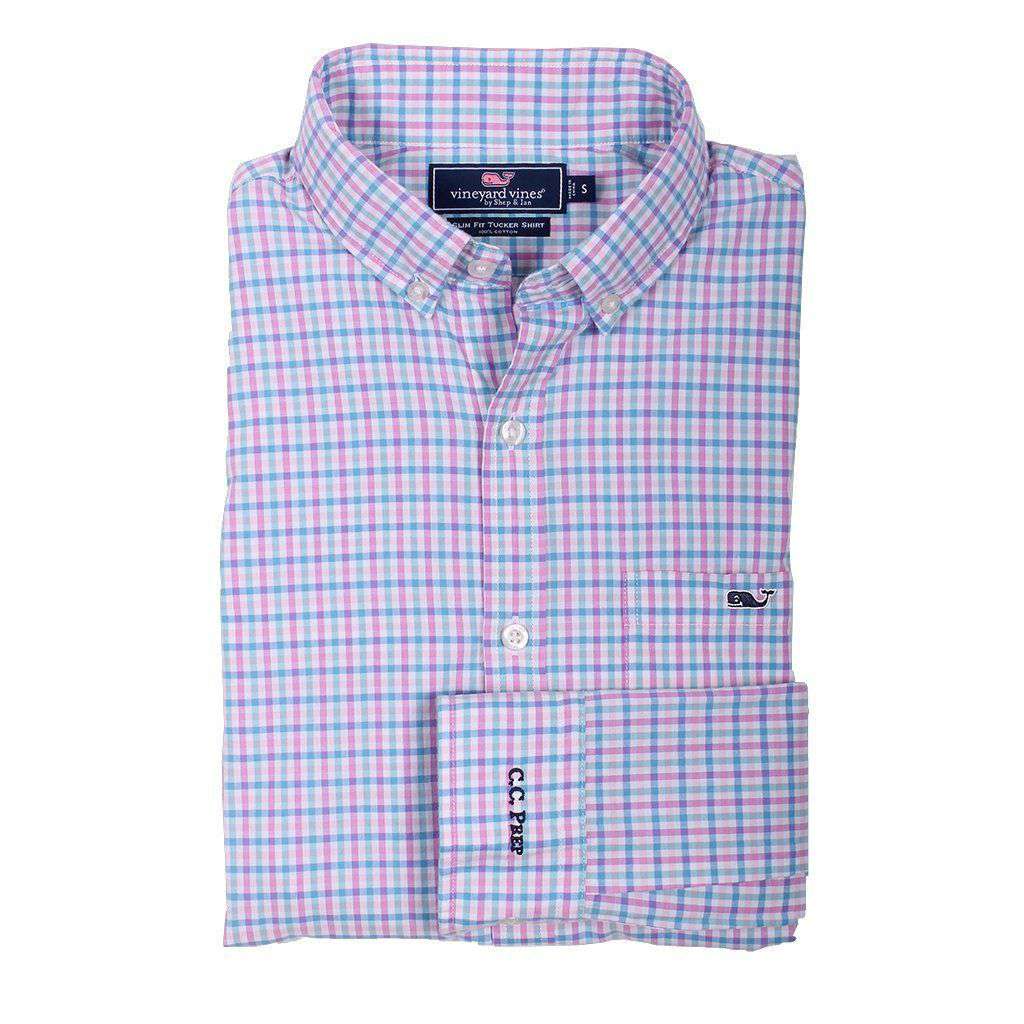 Custom Sweetgum Gingham Slim Tucker Shirt in Allium by Vineyard Vines - Country Club Prep