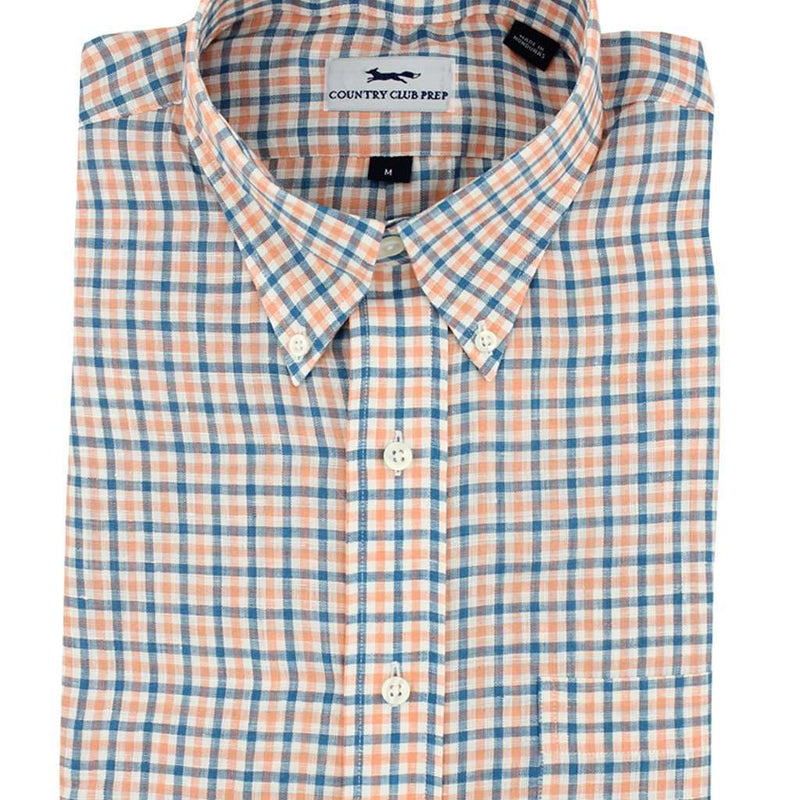 Linen Button Down in Orange and Blue Multi Check by Country Club Prep - Country Club Prep