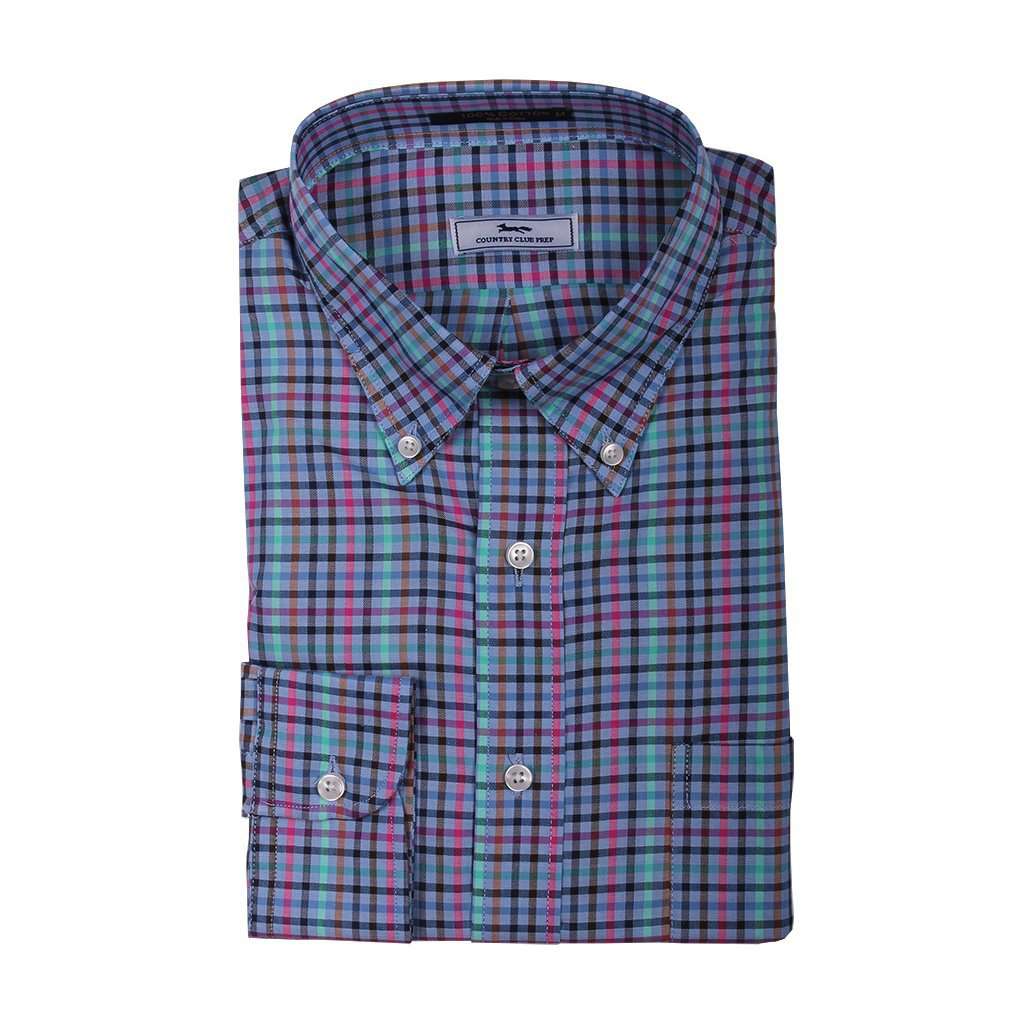 Multi Check Button Down in Blue with Pink and Green by Country Club Prep - Country Club Prep