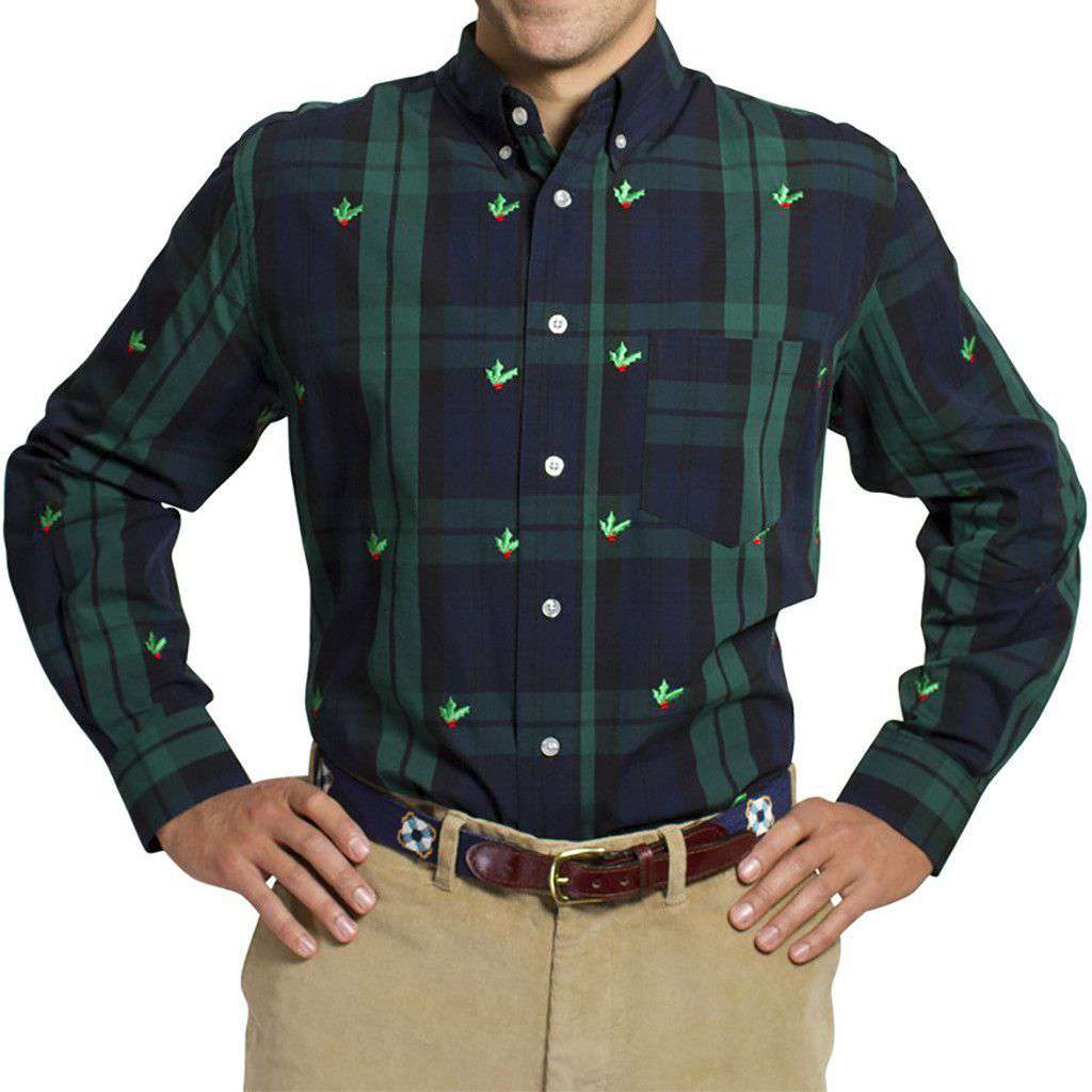 Straight Wharf Button Down in Blackwatch with Holly Berries by Castaway Clothing - Country Club Prep