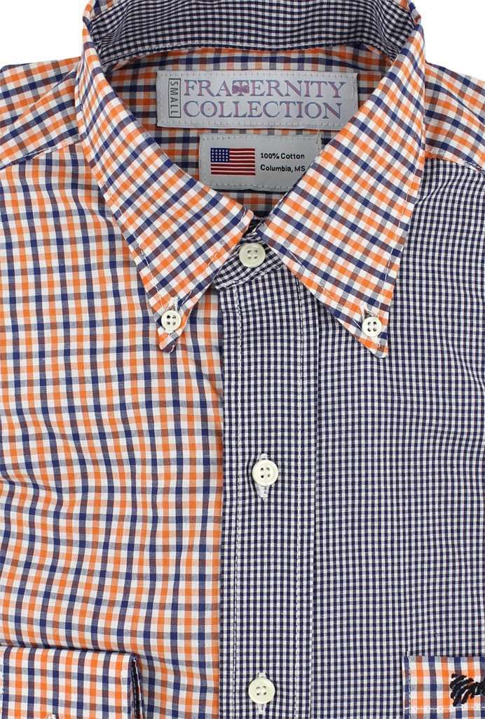 The Auburn Sports Shirt in Two Tone Navy/Orange Tattersall and Navy Gingham by the Frat Collection - Country Club Prep