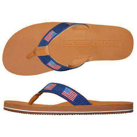 Men's American Flag Needlepoint Flip Flops in Classic Navy by Smathers & Branson - Country Club Prep