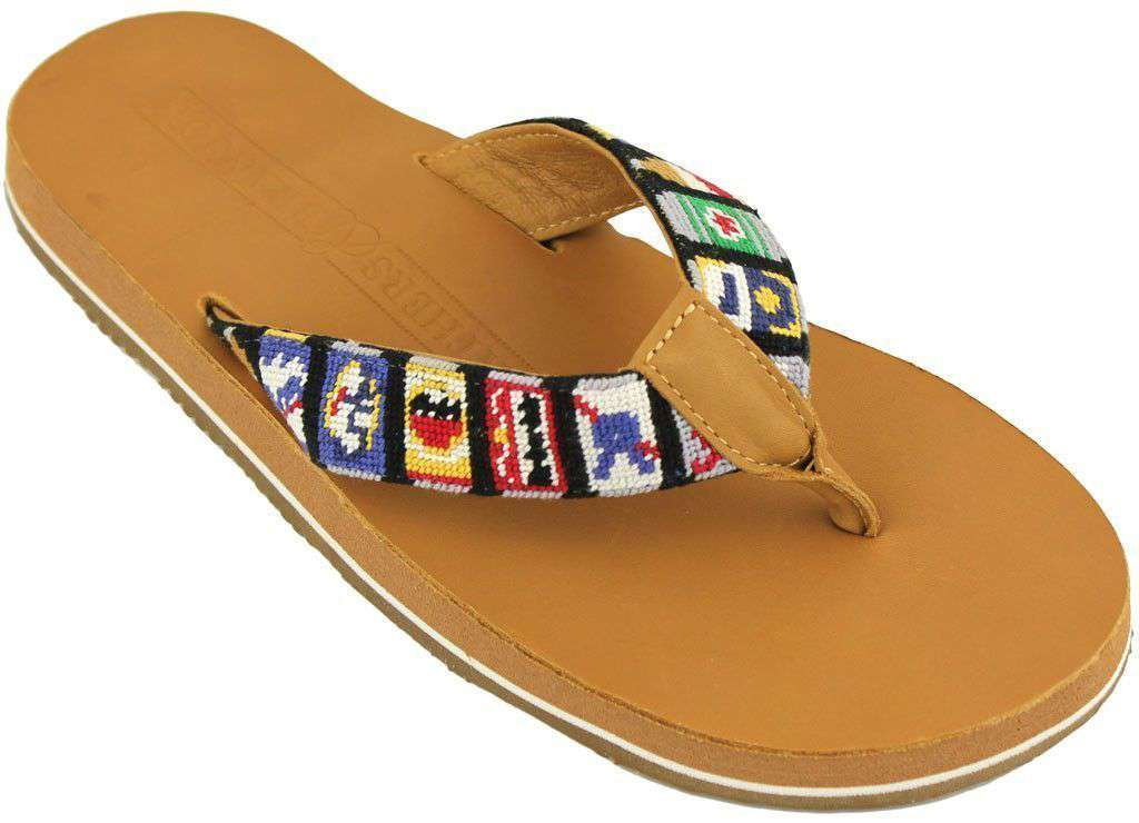 Men's Beer Cans Needlepoint Flip Flops in Tan Leather by Smathers & Branson - Country Club Prep