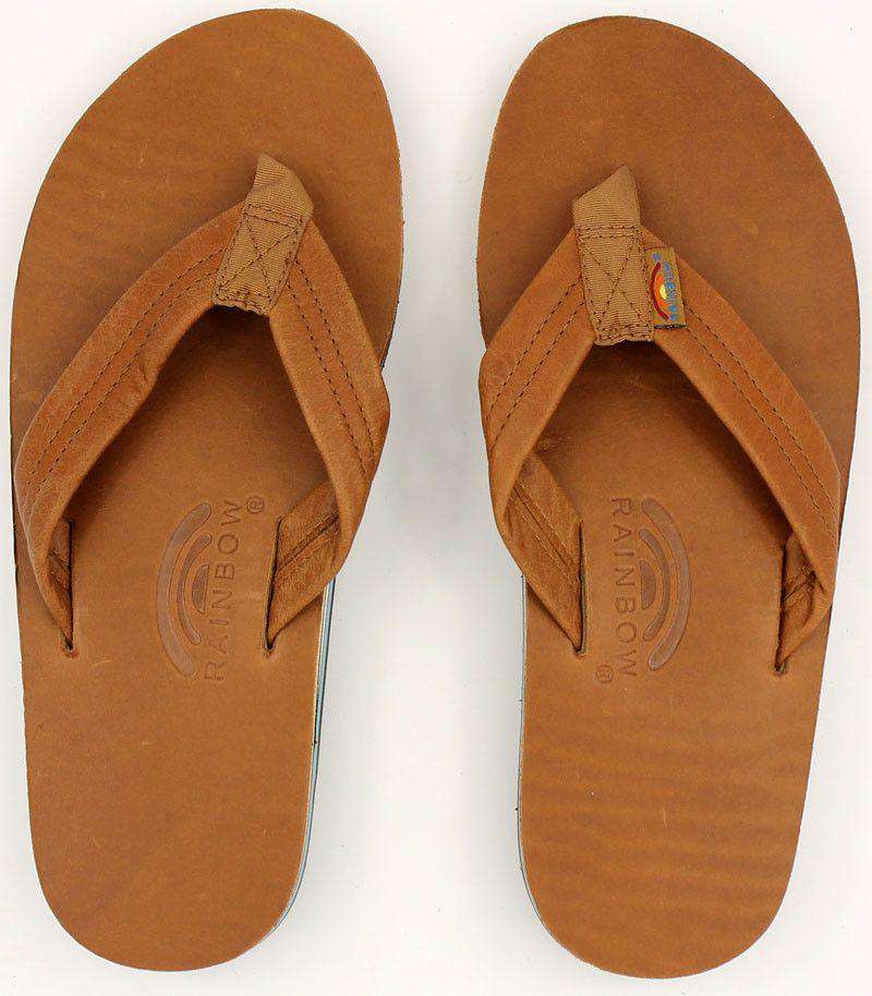 Men's Classic Leather Double Layer Arch Sandal in Tan with Blue by Rainbow Sandals - Country Club Prep