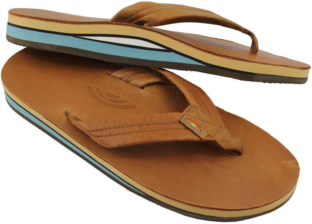 Men's Classic Leather Double Layer Arch Sandal in Tan with Blue by Rainbow Sandals - Country Club Prep