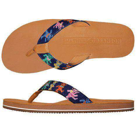 Men's Dancing Bears Needlepoint Flip Flops in Dark Navy by Smathers & Branson - Country Club Prep