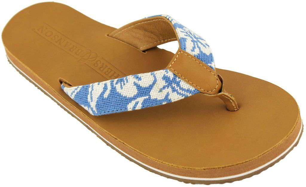 Men's Hibiscus Needle Point Flip Flops in Tan Leather by Smathers & Branson - Country Club Prep