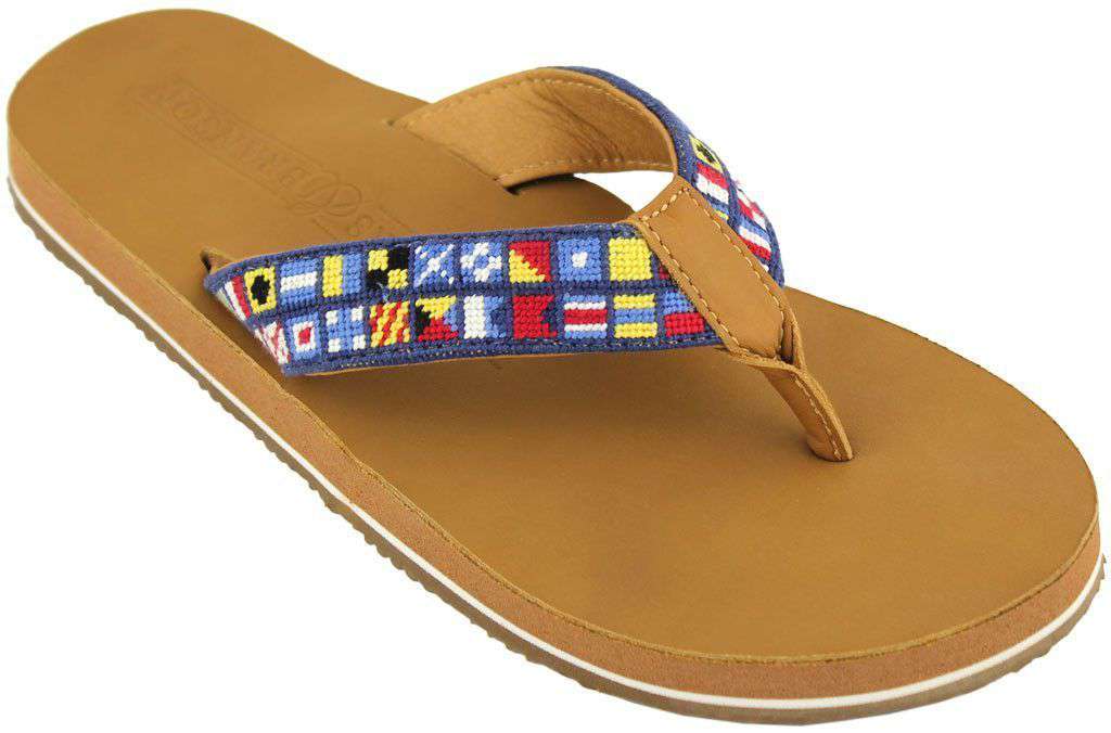 Men's Nautical Alphabet Needle Point Flip Flops in Tan Leather by Smathers & Branson - Country Club Prep
