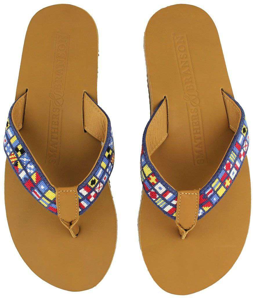 Men's Nautical Alphabet Needle Point Flip Flops in Tan Leather by Smathers & Branson - Country Club Prep