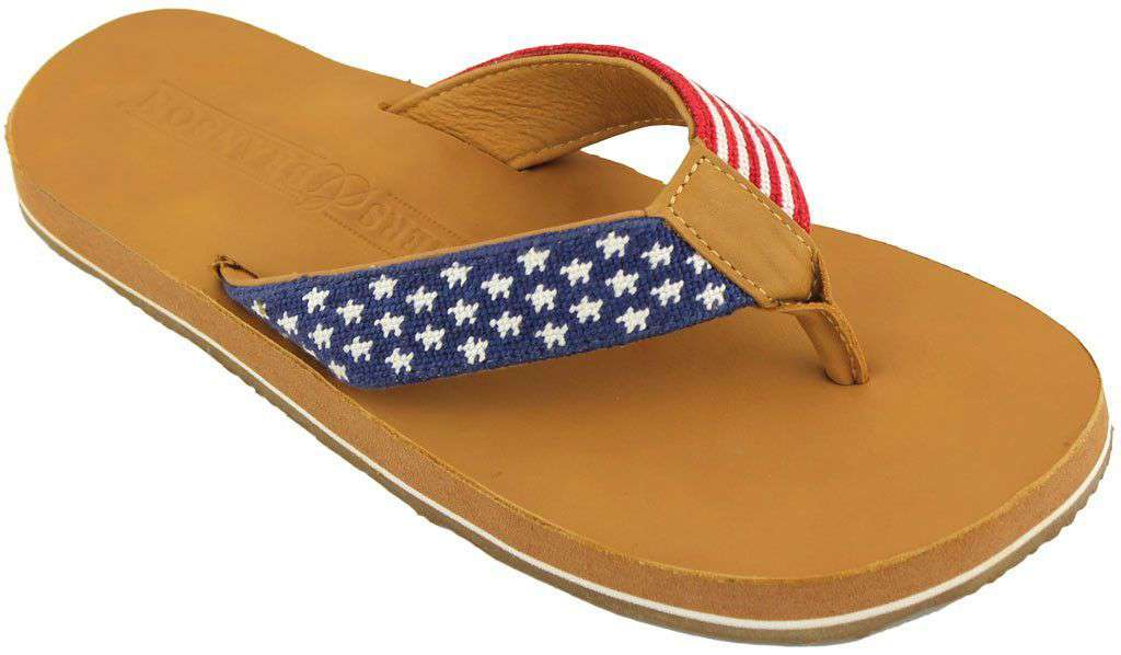 Men's Old Glory Needlepoint Flip Flops in Red White and Blue by Smathers & Branson - Country Club Prep