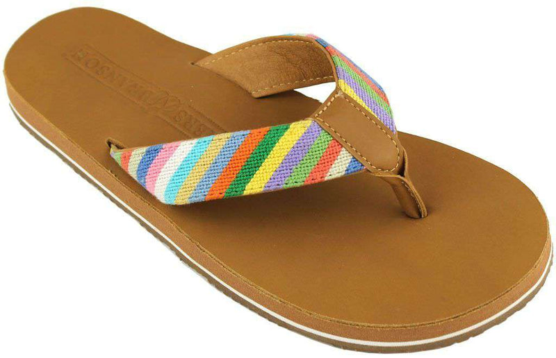 Men's Parsons Stripe Needle Point Flip Flops in Tan Leather by Smathers & Branson - Country Club Prep