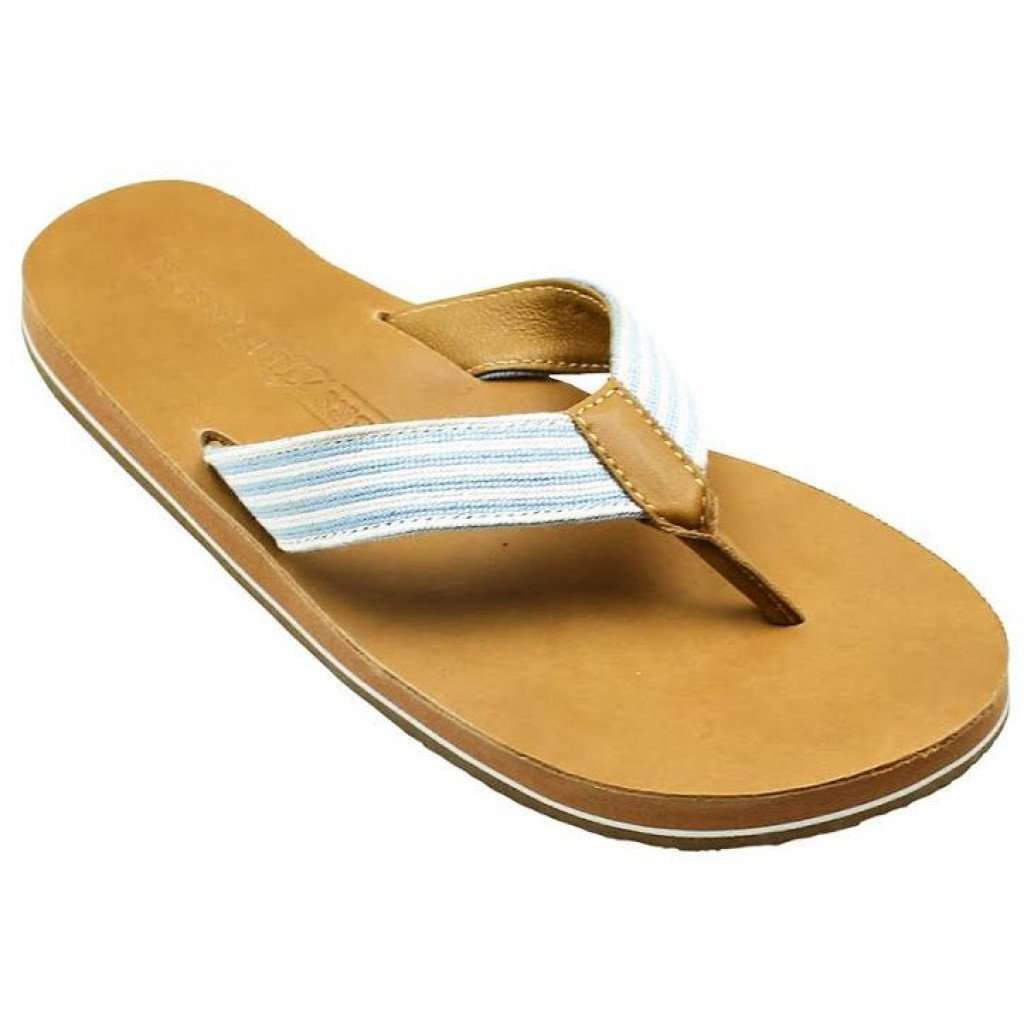 Men's Seersucker Stripe Needle Point Flip Flops in Tan Leather by Smathers & Branson - Country Club Prep