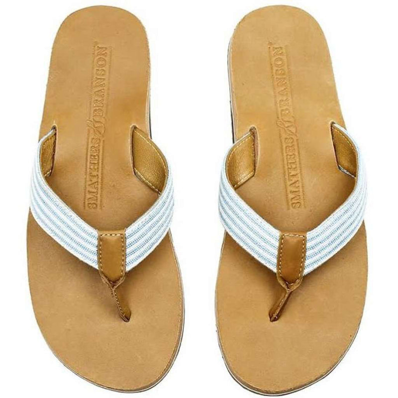 Men's Seersucker Stripe Needle Point Flip Flops in Tan Leather by Smathers & Branson - Country Club Prep