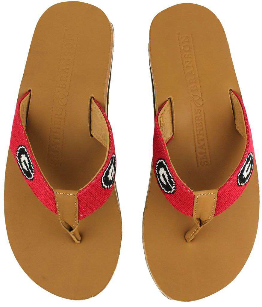 Men's UGA Needle Point Flip Flops in Tan Leather by Smathers & Branson - Country Club Prep