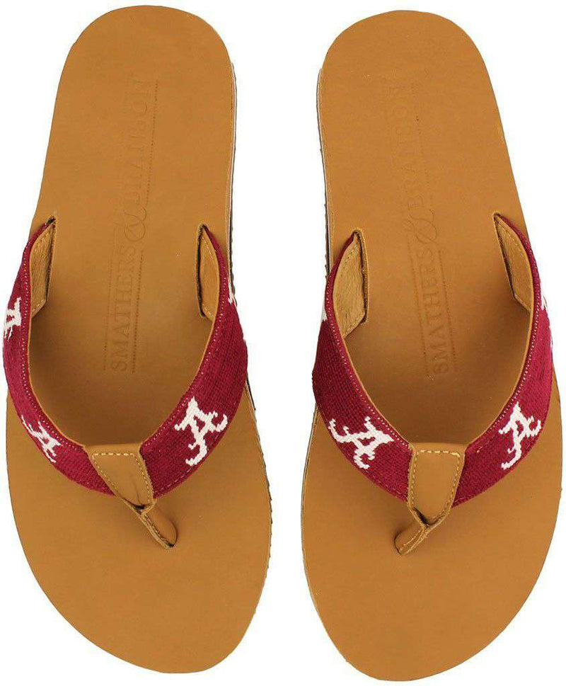 Men's University of Alabama Needle Point Flip Flops in Tan Leather by Smathers & Branson - Country Club Prep