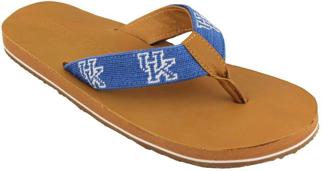 Men's University of Kentucky Needle Point Flip Flops in Tan Leather by Smathers & Branson - Country Club Prep