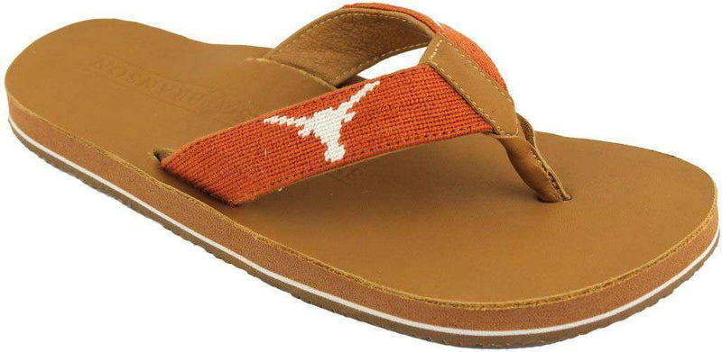 Men's University of Texas Needle Point Flip Flops in Tan Leather by Smathers & Branson - Country Club Prep