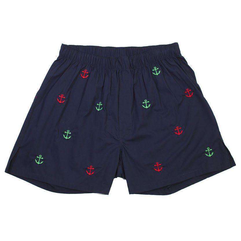 Barefoot Boxer in Nantucket Navy with Red and Green Anchors by Castaway Clothing - Country Club Prep