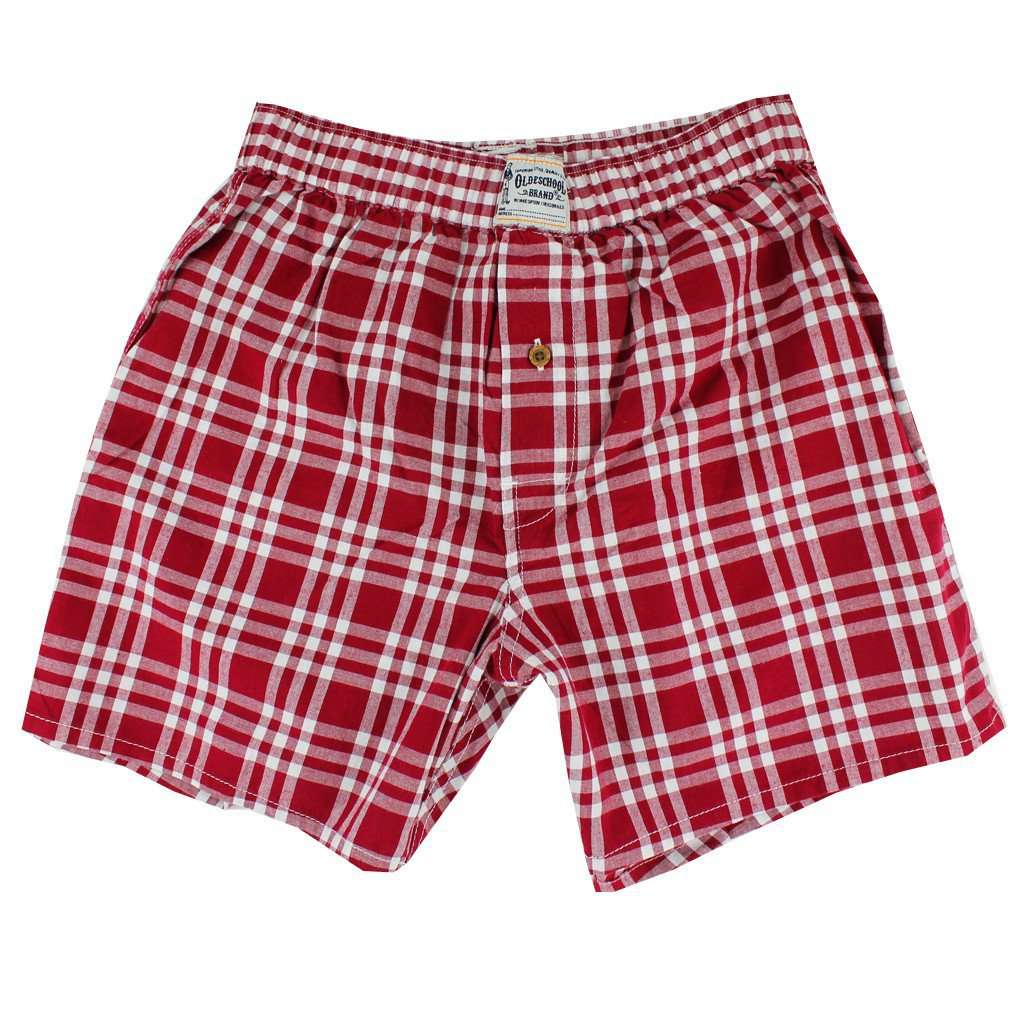 Men's Boxers in Maroon and White Madras by Olde School Brand - Country Club Prep