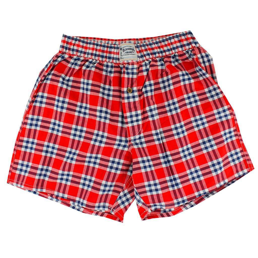 Men's Boxers in Navy and Red Madras by Olde School Brand - Country Club Prep
