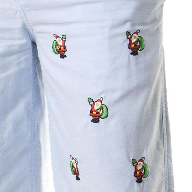 Sleeper Pant in Oxford Blue with Embroidered Santa by Castaway Clothing - Country Club Prep
