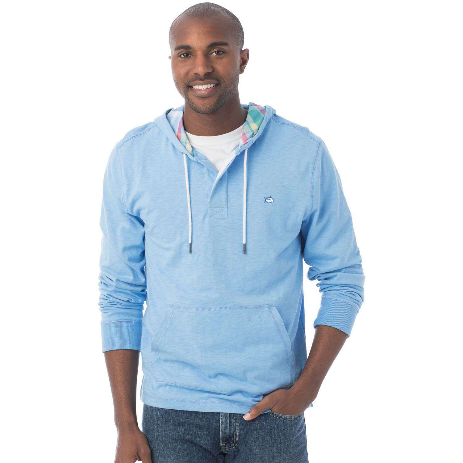 Madras Lined Slub Hoodie in Ocean Channel by Southern Tide - Country Club Prep