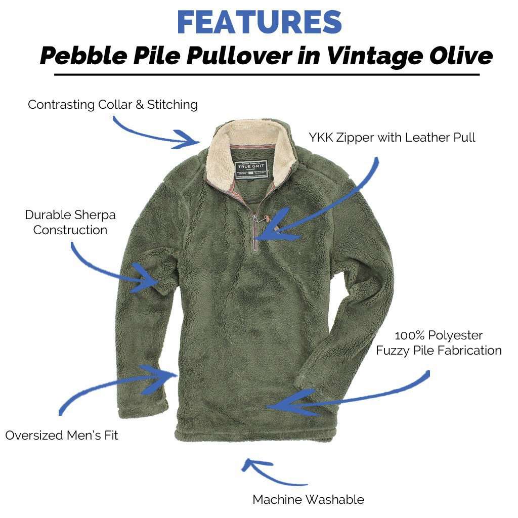 Pebble Pile Pullover 1/2 Zip in Vintage Olive by True Grit - Country Club Prep