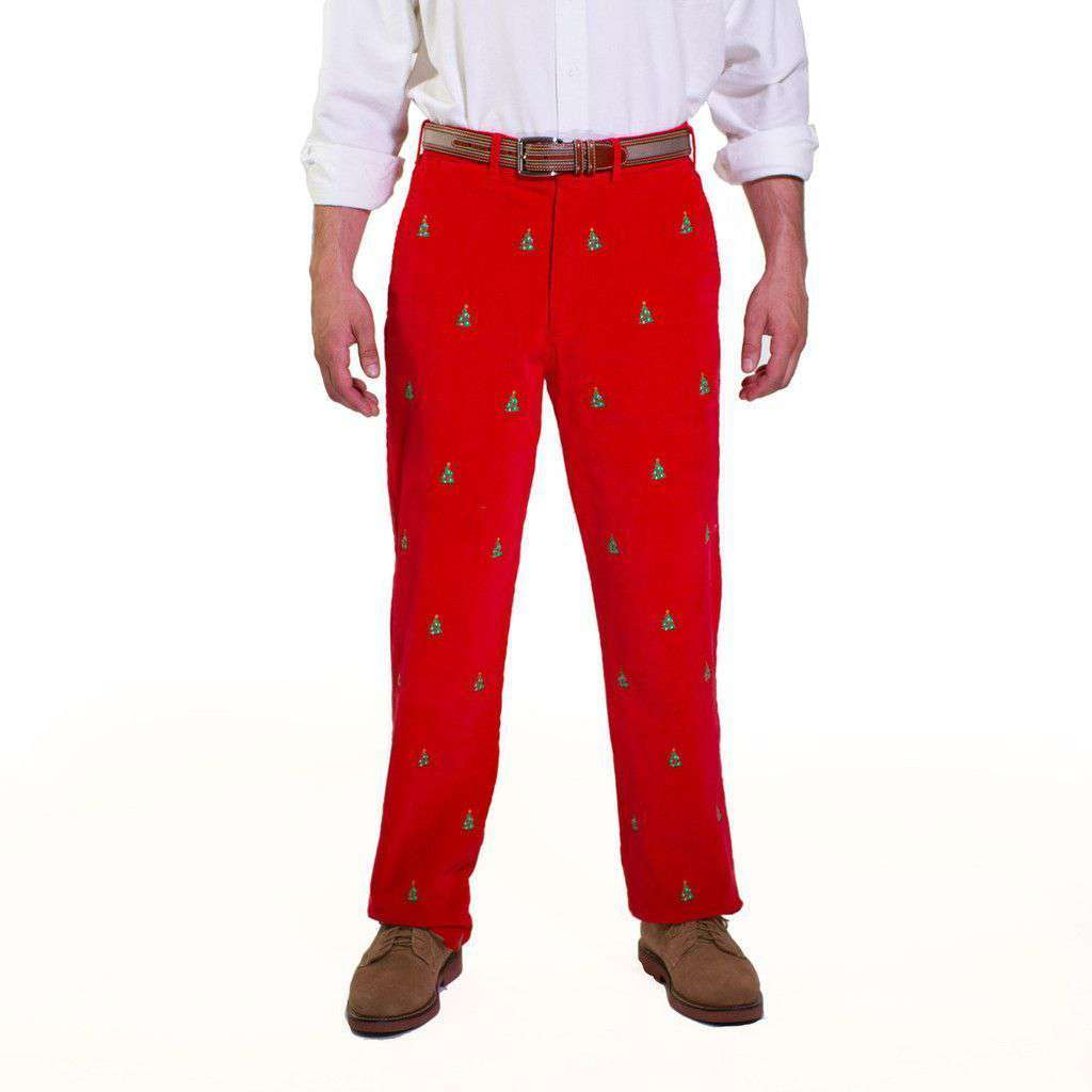 Beachcomber Corduroy Pants in Bright Red with Embroidered Christmas Trees by Castaway Clothing - Country Club Prep