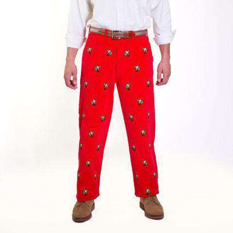 Beachcomber Corduroy Pants in Bright Red with Embroidered Santas by Castaway Clothing - Country Club Prep