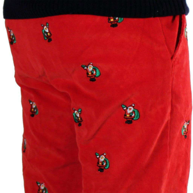 Beachcomber Corduroy Pants in Bright Red with Embroidered Santas by Castaway Clothing - Country Club Prep