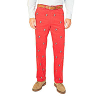 Beachcomber Corduroy Pants in Crimson with Embroidered Downhill Penguin by Castaway Clothing - Country Club Prep
