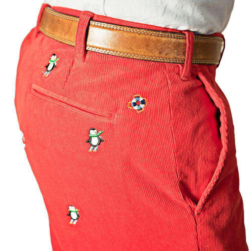 Beachcomber Corduroy Pants in Crimson with Embroidered Downhill Penguin by Castaway Clothing - Country Club Prep
