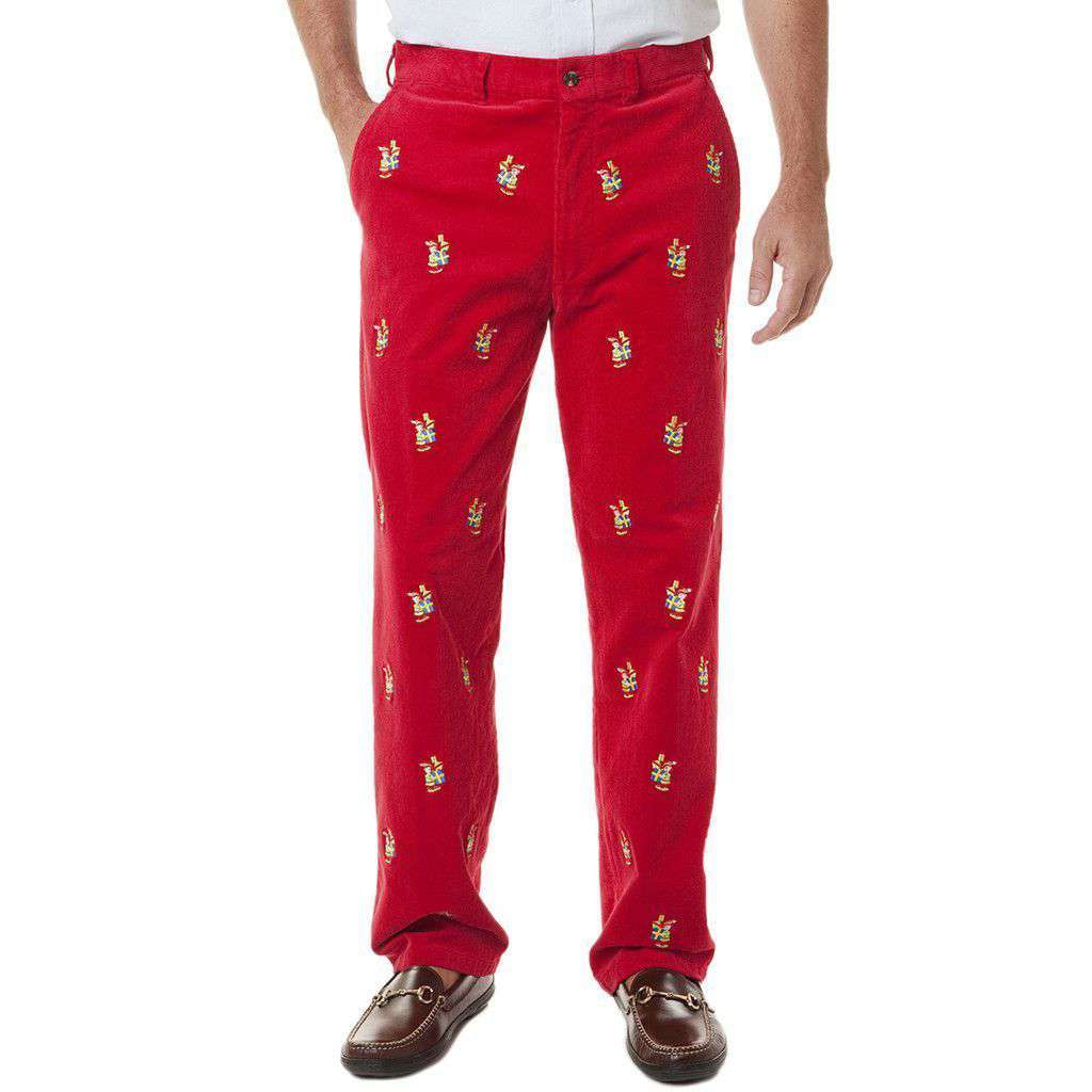 Beachcomber Corduroy Pants in Crimson with Embroidered Elf Delivery by Castaway Clothing - Country Club Prep