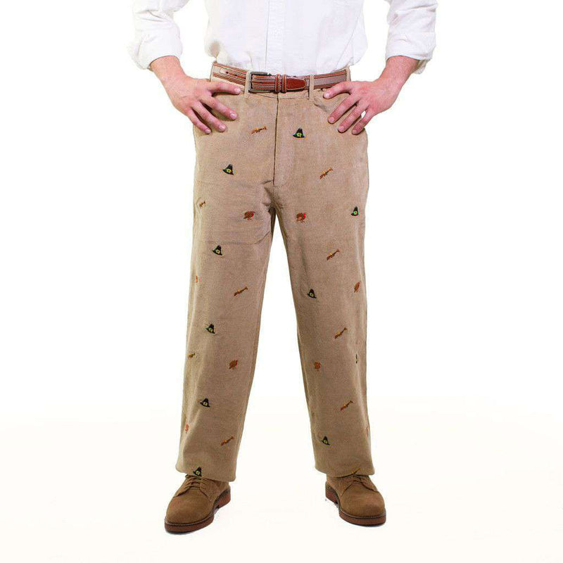 Beachcomber Corduroy Pants in Khaki with Embroidered Turkey Hunt by Castaway Clothing - Country Club Prep
