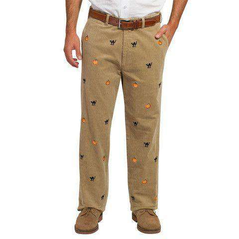 Beachcomber Corduroy Pants in Khaki with Jack-O-Lantern and Black Cats by Castaway Clothing - Country Club Prep