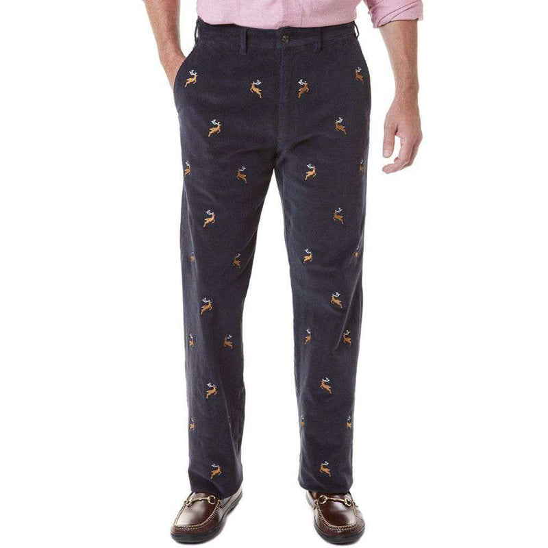 Beachcomber Corduroy Pants in Nantucket Navy with Embroidered Reindeer by Castaway Clothing - Country Club Prep