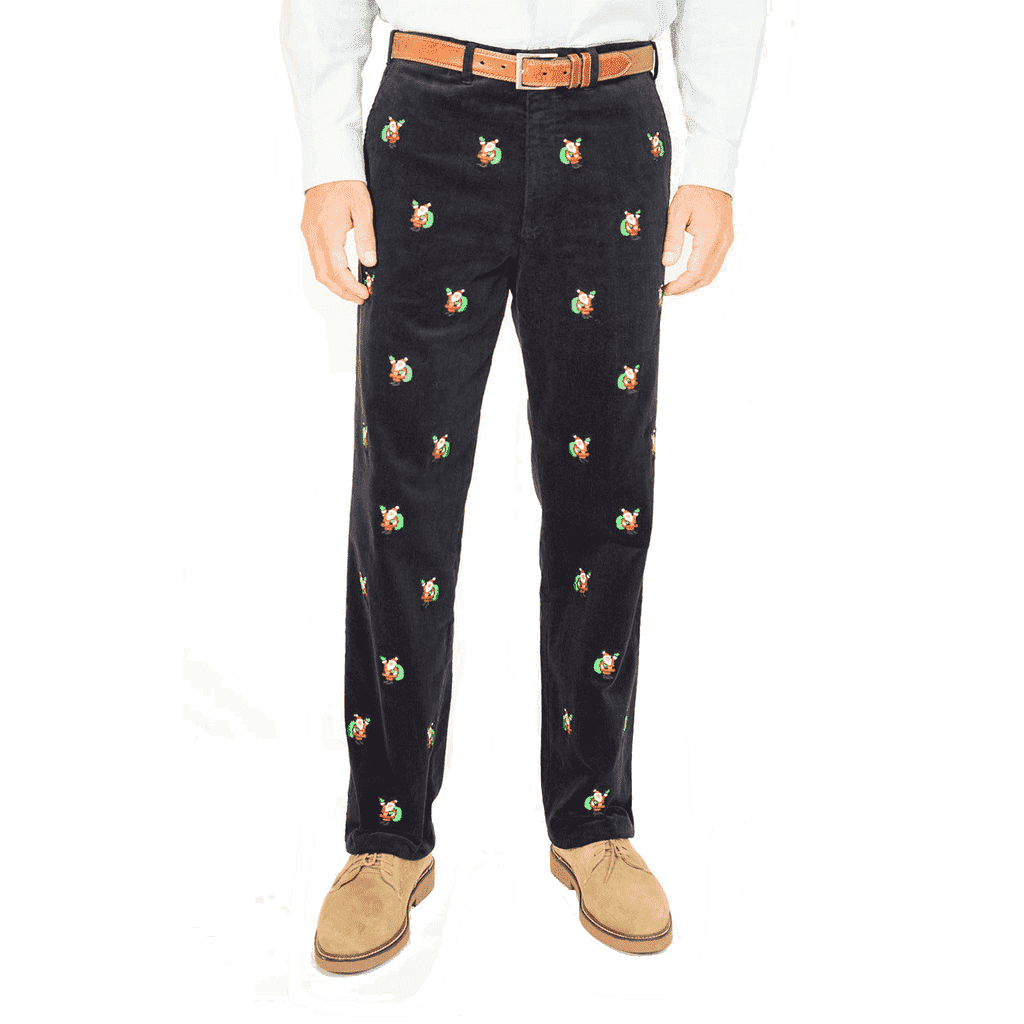 Beachcomber Corduroy Pants in Nantucket Navy with Embroidered Santa by Castaway Clothing - Country Club Prep