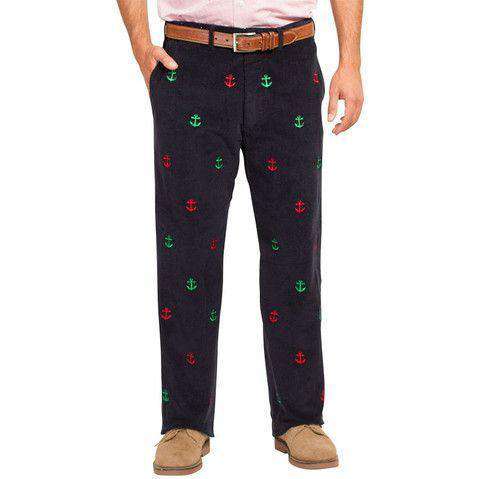 Beachcomber Corduroy Pants in Nantucket Navy with Red and Green Anchors by Castaway Clothing - Country Club Prep