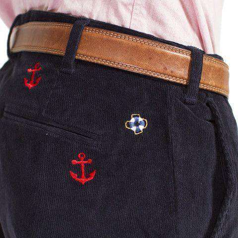 Beachcomber Corduroy Pants in Nantucket Navy with Red and Green Anchors by Castaway Clothing - Country Club Prep