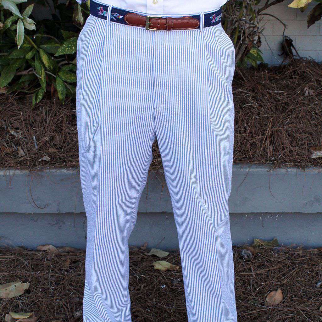 Elliewood Pleated Suit Pant in Navy Blue Seersucker by Country Club Prep - Country Club Prep