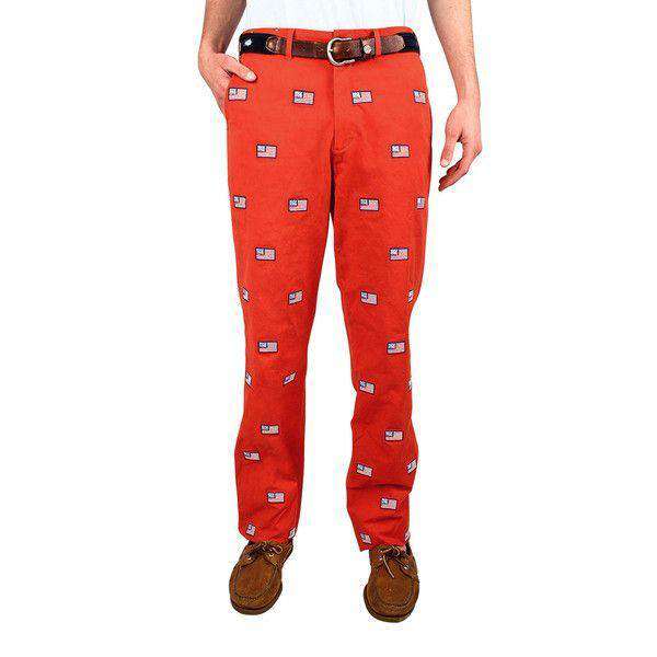 Embroidered Harbor Pants in Island Red with American Flag by Castaway Clothing - Country Club Prep